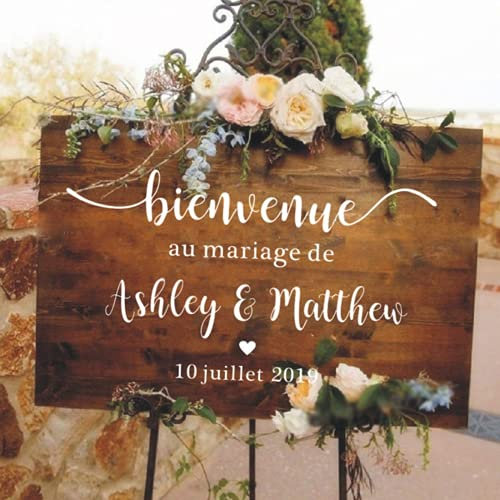 weiyou Conseil De Mariage Français Panneau De Réception De Bienvenue Autocollant Personnalisé Mariage pour Verre,Nom Personnalisé Date Panneau De Mariage,Bienvenue Mariage Autocollant (24x42cm)