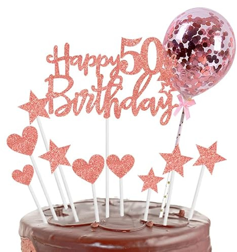 Personalised Rose Gold Cake Toppers for Women - Happy Birthday Sign & Glitter Cupcake Toppers for 50th Birthday Party