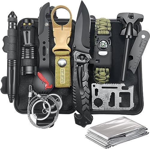 Survival Kit, 14 in 1 Survival Ausrüstung, Geschenk für Männer, Coole Geburtstagsgeschenk für Papa, Outdoor Notfallrucksack für Camping Abenteuer, Militär Überlebenspaket, Notfallrucksack Gefüllt