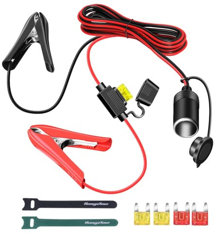 Range Tour Car Cigarette Lighter Alligator Clips Extension Cable, 12V-24V Car Cigarette Lighter Plug 1.8m/5.9ft Clip-on Plug Socket Cable with 85mm Battery Clamp 14AWG Female Plug Extension Cord