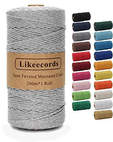Likeecords Makramee-Schnur 2 mm x 220 Yards, farbiges Makramee-Seil, Baumwollseil, Makramee-Garn, Bunte Baumwoll-Bastelschnur zum Aufhängen, Pflanzenaufhänger, Basteln, Stricken (hellgrau)