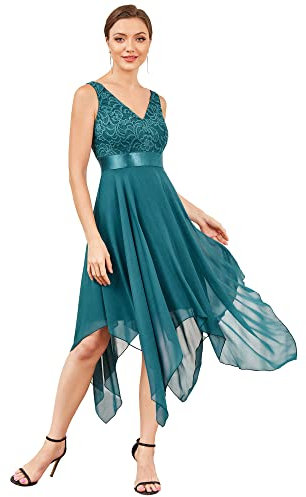 Ever-Pretty Vestidos de Fiesta Largo para Mujer Corte Imperio Escote en V A-línea con Encaje Gasa Verde Azulado 44