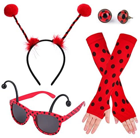 HOWAF 4stk Marienkäfer Kostüm Damen Mädchen, Marienkäfer Haarreif Marienkäfer Brille Marienkäfer Fingerlose Handschuhe Lady Bug Ohrringe Ladybug Kostüm Erwachsene Kinder Fasching Karneval Kostüm Damen