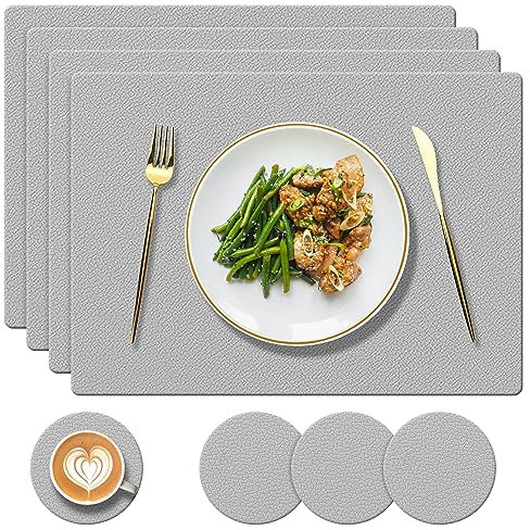 YUNJUER 4 Silicone Tablemats + 4 Coasters, Heat Resistant 450 °F, Washable and Waterproof Placemat, Easy to Clean, Place Mats for Kitchen, Restaurant, Hotel, Dining Room, Light Grey