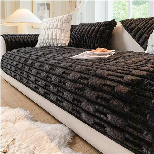 Winter Thick Plush Sofa Cushion,Cosy Soft Solid Colour Non-Slip Couch Cover,Faux Fur Sofa Cover,Fluffy Couch Cushion Covers Furniture Protector for Most Shape Sofas (18 * 18in Pillowcase, Black)