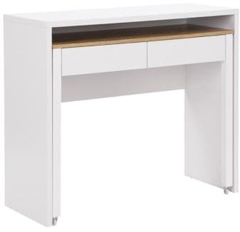 Vente-unique - Bureau Console Extensible avec 2 tiroirs - Blanc et Naturel - LOAVIA - avec Rangement