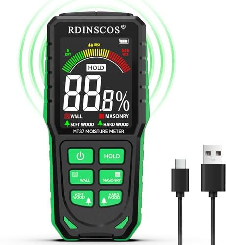 RDINSCOS Pinless Moisture Meter for Wall Rechargeable Damp Meter with Color Display and Audible Alarm,Non-Destructive Moisture Detector for Wall,Masonry,Wood,Building Material