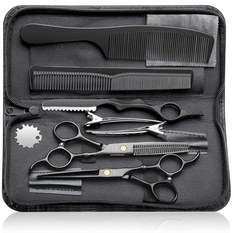 PURPLEBIRD Friseurscheren Profi, Haarschere Friseurschere Set aus Edelstahl Haarschneideschere und Effilierschere für Barbier/Friseur/Anfänger 10 Stück Schwarz