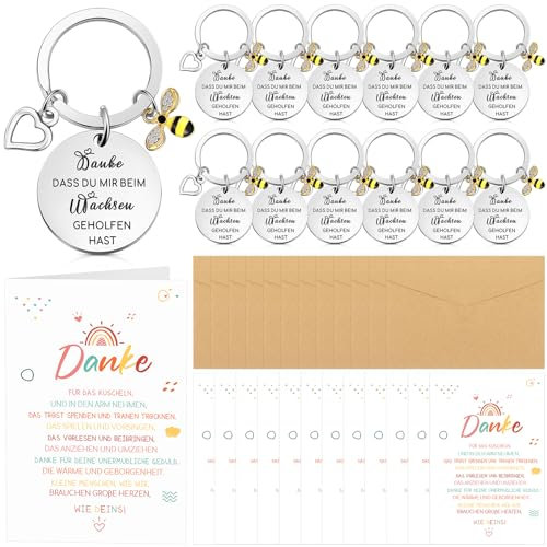 Otuuz 12 Sets Abschiedsgeschenk für Erzieherin Kindergärtnerin Danke Lehrer Schlüsselanhänger mit Herz Bienen Anhänger Regenbogen Dankeskarten Umschläge Lehrerin Dankeschön Geschenke für Erzieher