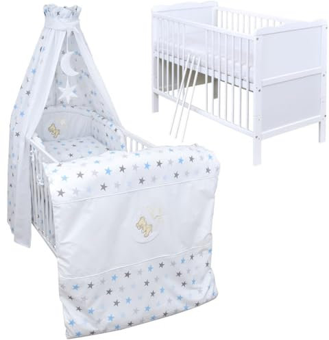 Generisch Baby Delux Babybett Komplett Set Kinderbett 60x120 cm umbaubar zum Juniorbett weiß 10-TLG Max Bettset Matratze Vollstoffhimmel (Mond Magic blau)