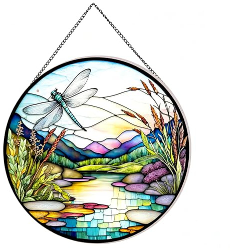 Payutou Attrape-soleil à motif rivière et libellule en vitrail à suspendre pour fenêtres, 20 cm, peint à la main, décoration de jardin, décoration à thème, cadeau