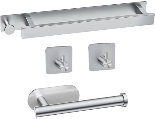 Porta Asciugamani Bagno, SUKIYPO Set di Accessori da Bagno, Porta Asciugamani Set 4 Pezzi con 1 Porta Carta Igienica e 2 Ganci Adesivi, Portasciugamani Inossidabile SUS 304 Resistente, Argento