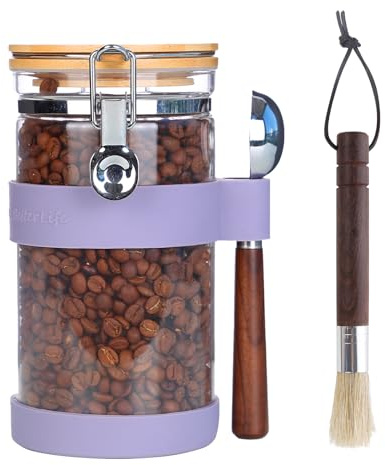 Ken's Kitchen Kaffeedose Luftdicht für 500g Kaffeepulver Glasbehälter 1,2L mit Deckel & Messlöffel - Vorratsdose für Tee, Zucker, Müsli, Kaffeebohnen aufbewahrung - purpurrot