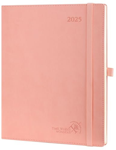 POPRUN Kalender 2025 Wochenplaner Softcover mit PU-Leder, ca. A4 (26,5 x 21,5 cm), 12-Monate-Terminplaner (Jan.2025-Dez.2025) 1 Woche 2 Seite mit 100 GSM Zertifiziertem Papier - Rosa