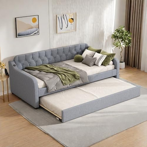 Schlafsofa 90x200cm,Sofa Bed, Bett,tagesbett ausziehbar,mit ausziehbares Rollbett,USB-Anschluss,grau,Ohne Matratze