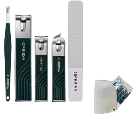 OMBRISA Nail Clippers Set 5 Pcs, Wide Jaw Toenail Clippers and Angled Head Fingernail Clippers, Premium Stainless Strong Nail Cleaner for Thick Nails Nail Cutter with Leather Case (Green)