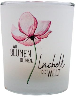 Dekohelden24 Windlichtglas mit Motiv auf Einer transparenten Banderole, inkl. 1 Teelicht, H/Ø: 6,5 x 6 cm, Motiv: Wo Blumen blühen, lächelt die Welt.