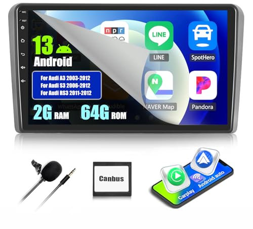 CAMECHO 8 Core 2+64G Android 13 Car Stereo for Audi A3 S3 RS3 8P 8V 2008-2012 support Wireless Carplay Android Auto 9'' IPS Touch Screen Double Din with Sat Nav FM RDS Mirror Link Bluetooth EQ