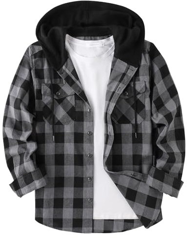 GEEK LIGHTING Men's Plaid Shirt Checked Shirts Mens Flannel Shirt Button Down Long Sleeve with Drawstring Casual Double Chest Pockets Classic Shirt Jacket 2XL Deep Grey