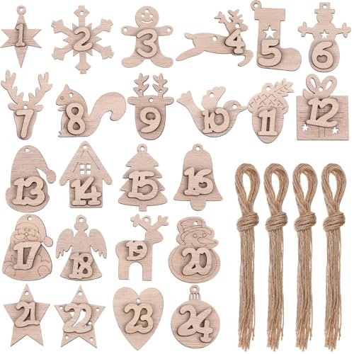 Briwooody 48 Pcs Wooden Advent Calendar Numbers 1-24 with String Xmas