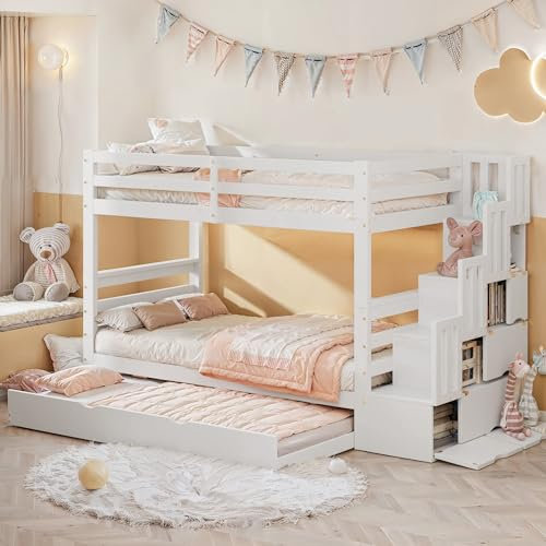 Merax Kinderbett Etagenbett für 3 Kinder, Holz Hochbett mit Rollbett, Stockbett mit Rausfallschutz & 3 Lattenrost, Treppe mit Stauraum, Funktionales Familienbett, Ohne Matratze, Weiß, 90x200/190 cm