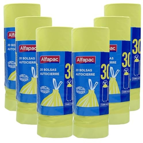 6 rollos de 20 bolsas de basura (120 bolsas) autocierre 30 L. de capacidad especiales envases y cubos altos 50x75 cms