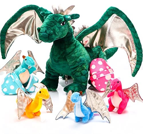 Zomiboo 7 Stück Stofftier Drachen Spielzeugset 40cm Großes Drache Kuscheltier mit 4 Baby-Plüschdrachen und 2 Eiern im Bauch Der Drachenmama Geburtstagsgeschenke für Teenager(Niedlicher Stil)