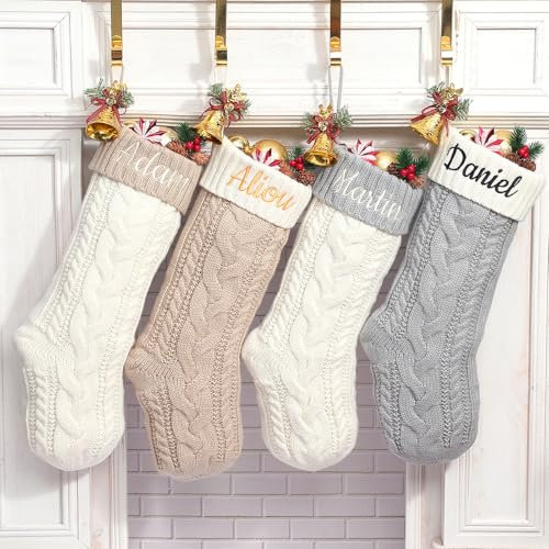 Infiher Weihnachtsstrumpf Personalisiert 46cm Gestrickte Nikolausstrumpf mit Bestickte Namen,Christmas Stocking Familie Weihnachtssocken zum aufhängen für Kamin,Home Decoration(Beige-2Pack)