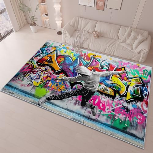 Waschbarer Home Teppich 60x90 cm Street Art Graffiti Hip-Hop Flauschiger und Rutschfester Kurzflor Teppich Bunt für Esszimmer Wohnzimmer und Schlafzimmer Moderne Deko