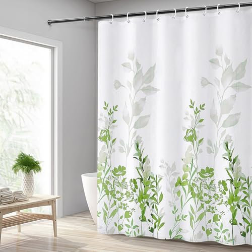 Hoomtaook Rideau de Douche 240x200cm, Rideau Douche Tissu Polyester Imperméable Lavable en Machine avec Ourlet Inférieur Lesté et 12 Crochets pour Salle de Bain, Fleurs Vert