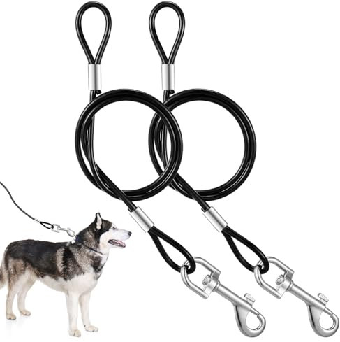 JIEYAO 2 Stück Kausichere Hundeleine,66cm/26in Tie-Out Leinen für Hunde,Hundekette Leine Bissfest Metall Kabel Leine mit Gepolstertem Griff Kettenleine für Große Kleine Hunde Training