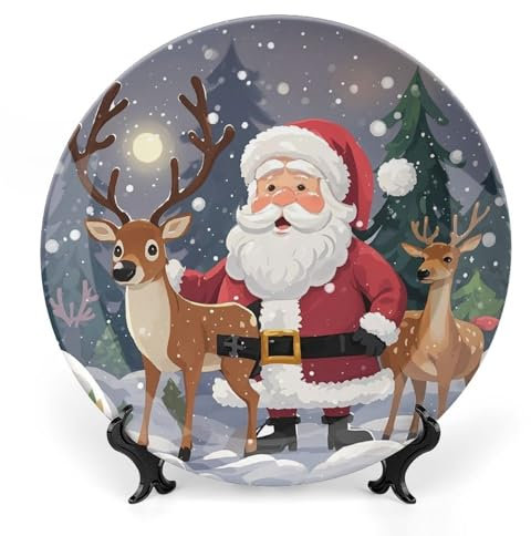 SDTKLHW Ceramic Decorative Plate Santa Claus And Deer Elk Printed Decorative Plates Personalized Porcelain Plate with Vertical Stand for Friends Sisters Mother Holiday Present 10.1 Inch