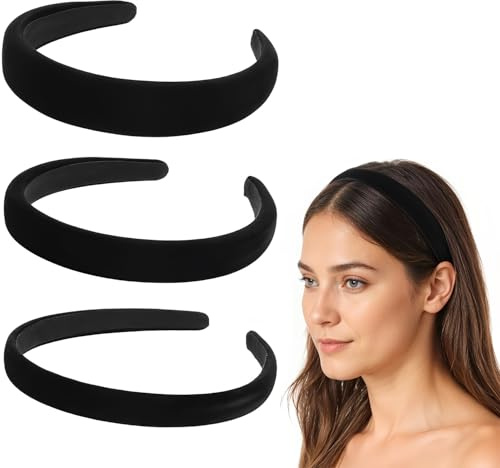 Esshogo 3 Stück Samt Stirnbänder Schwarze, Schwarz Haarreifen Damen | Gepolstertes Stirnband Aus Samt,Rutschfest Modisch Haarbänder,Vintage Haarschmuck,Einfaches Haarreif für Mädchen