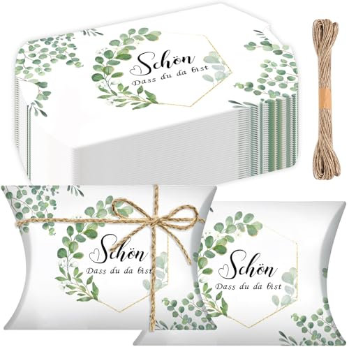 Joycabin 50 Stück Gastgeschenke Geschenkboxen - Schön Dass Du Da Bist Kissenschachteln Geschenkschachtel mit Eukalyptus Design Pralinenschachtel Leer Geschenkkartons für Hochzeit Taufe Partygeschenke