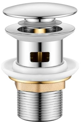 Basin Sink Waste Pop Up, Click Clack Sprung Plug with Overflow, Sprung Basin Waste Slotted Chrome Bathroom Sink Waste Modern 65mm - Universal Standard G 1 1/4 BSP Connection