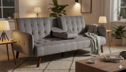 CONCEPT USINE Canapé Convertible Inverness Velours Gris 3 Places | Tablette porte-gobelets intégrée, pieds bois d'hévéa, couchage 161x97cm pour petit espace.