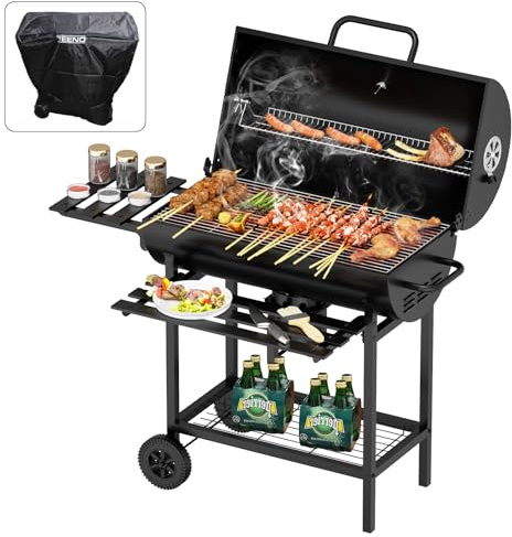 TEENO - Großer Holzkohlegrill, Thermometer, Ascheschublade, einstellbare Belüftung, großer Holzkohlegrill (mit Stoffdeckel)