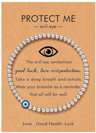 Ethlomoer Evil Eye Bracelet Women - Charm Bracelet with Evil Eye Beads & Bungee Cord, Silver Bead Bracelet