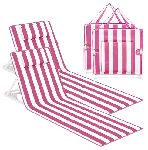 SONGMICS Strandstuhl, 2er Set, klappbar, verstellbare Rückenlehne | Campingstuhl, Strandliege, leicht tragbar mit Schultergurt, für Camping, Garten, Pool, 158 x 55 cm, pink-weiß gestreift