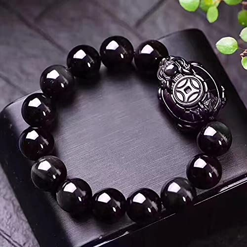 LMMSHA Feng Shui Armband, Feng Shui Schwarz Obsidian Drachen Vermögen Armband Authentische Schmuck Chakra Kristall Amulett Lucky Wealth Ward Off Armband Geschenke für Frauen Männer (12 mm)