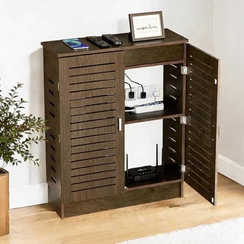 LXSEHN WiFi Router Aufbewahrungsbox, PVC WiFi Router-Aufbewahrungsschrank | Walnut, 70x50x25cm, Verstellbaren Regalen, für Büro und Hause