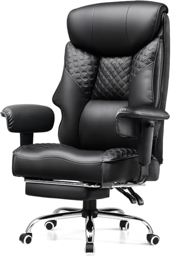 COMHOMA Sedia da gioco per persone grandi e pesanti, sedia da ufficio ergonomica fino a 180 kg, cuscino 3D, regolabile con poggiapiedi, pelle PU, comfort elevato per ufficio e gaming nero