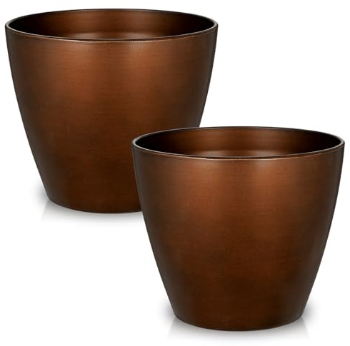 Set of 2 Plastic Plant Pots 20cm Brown Garden Planter with Drainage Hole | Decorative Flower Pots for Indoor/Outdoor, Outside Round Plant Pot for Home Garden Decoration