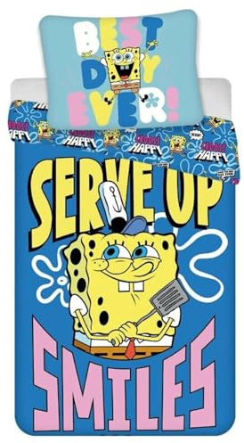 Aymax Spongebob Schwammkopf Bettwäsche 135x200 cm – 2-teiliges Kinder-Bettwäsche Set aus Baumwolle – fröhliches „Serve Up Smiles“ Design mit Kissenbezug 80x80