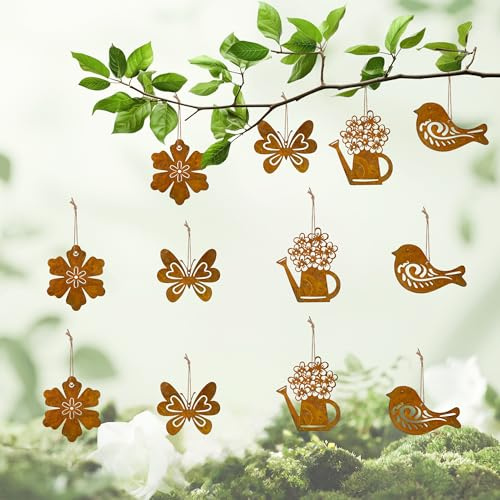 12 Stück Rostige Vogel Garten Frühlingsdeko, Frühlingsdeko zum aufhängen | Charmante Frühlingsdeko zum Aufhängen, Metall Deko zum Aufhängen für Balkon Terrasse Fenster und Garten, Outdoor Dekoration.