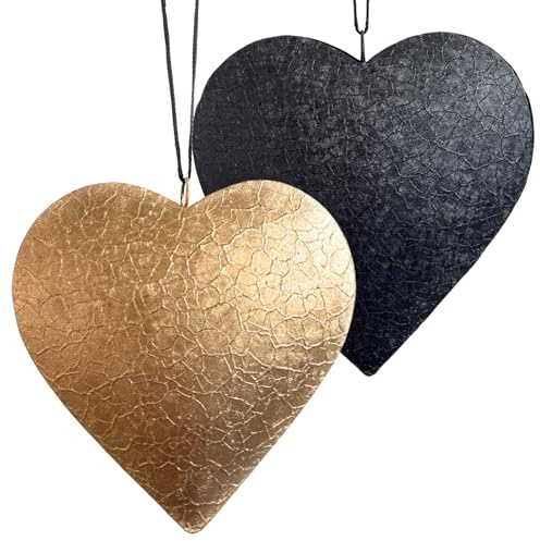 2er Set Herzen Anhänger Metall 12 x 12 cm Schwarz & Gold Reliefstruktur | gewölbte 3D-Form, matte Oberfläche, Herz zum Aufhängen, Leicht, stabile Öse, schwarze Schnur, Wanddeko, Fensterdeko
