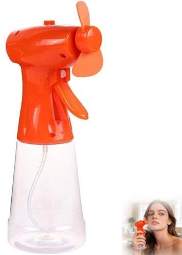 GHRATSA Fan with Water Spray, Hand Held Fans, Cooling Mist Spray, Portable, 500ml Bottle, for Summer, Outdoor, Travel (Orange)