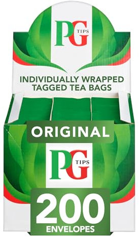 PG Tips Original, Black Tea Bags Bulk, Individually Wrapped String & Tag Teabags, Signature Taste, Refreshing & Flavourful, 200 Plant Based Biodegradable Envelopes