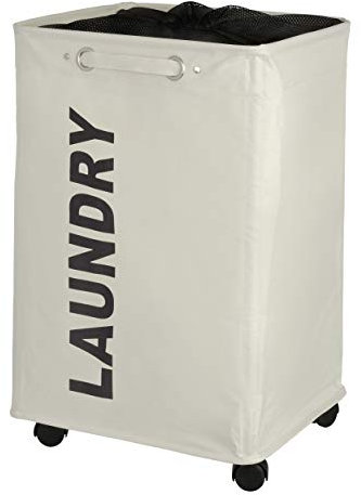 WENKO Wäschesammler Quadro beige, stabiler Wäschekorb, Wäschetonne mit Rollen, Wäschetruhe mit Griff, 100% Polyester, Fassungsvermögen 79 L, 140 x 60 x 33 cm