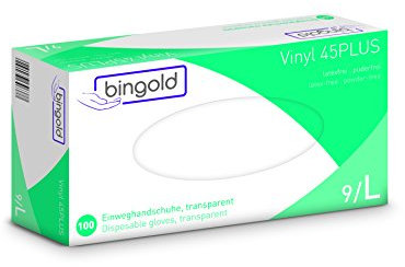 Bingold 604637Karton Vinyl 45Plus Einmal Handschuhe, Größe L, Transparent, 1000 Stück